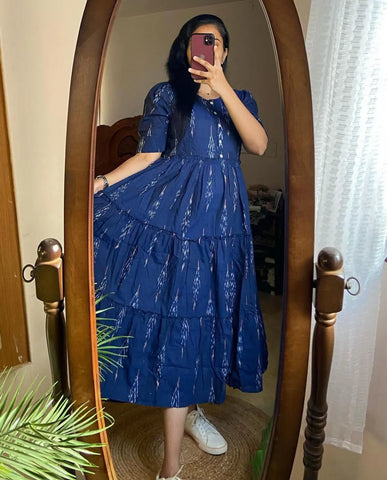 Kurta Blue Ikat Cotton Flair Middy Gown For Women