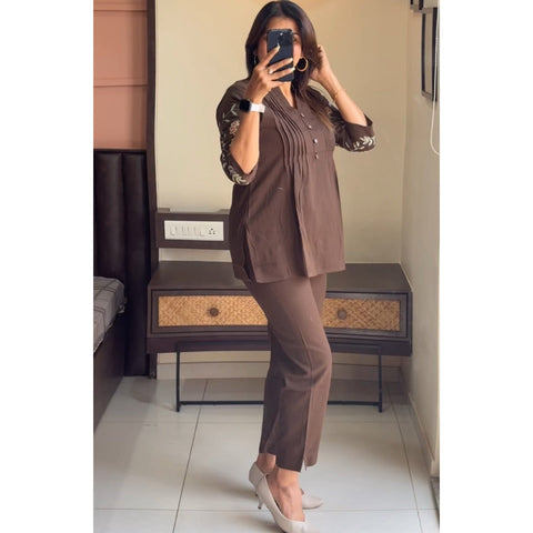 Chic Coffee Brown Embroidered Co-Ord Set