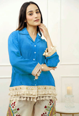 Sapphire Blue Shirt and Artistic Print Palazzo Set