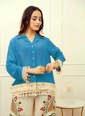 Sapphire Blue Shirt and Artistic Print Palazzo Set