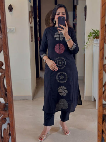 Blue Color Cotton Embroidered Suit Set