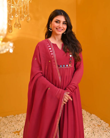 Festive Maroon Mirror Work Anarkali Suit Set