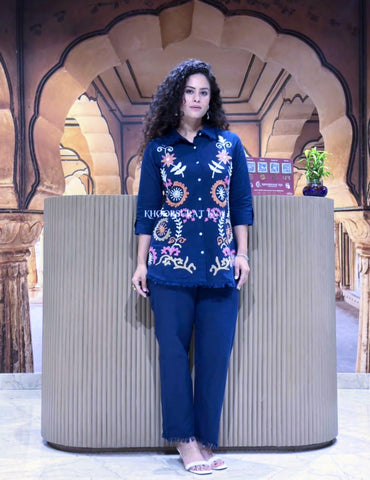 Stylist Cotton Flax Embroidery Work Co Ord Set