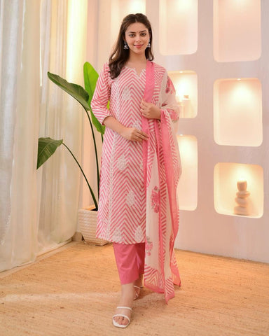 Pretty Pink Chevron Print & Embroidered Suit Set