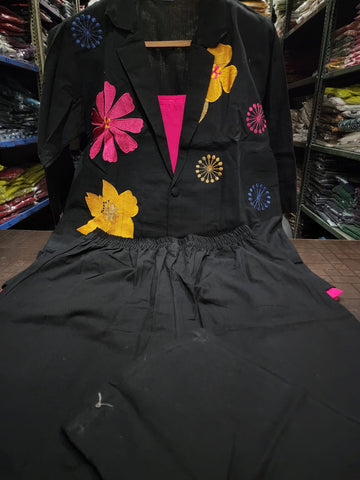 Elegant Black Floral Embroidered Co-Ord Set with Statement Jacket