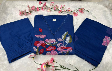Elegant Teal Blue Floral Embroidered Kurta Set with Dupatta