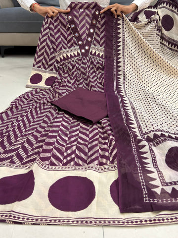 Elegant Wine Printed Anarkali Kurta Set with Dupatta