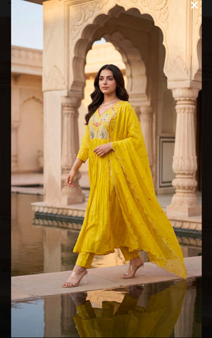 Yellow Embroidered Anarkali Suit Set