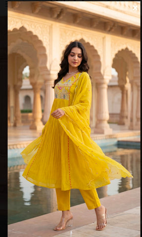 Yellow Embroidered Anarkali Suit Set