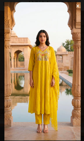Yellow Embroidered Anarkali Suit Set