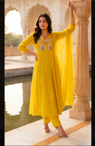 Yellow Embroidered Anarkali Suit Set