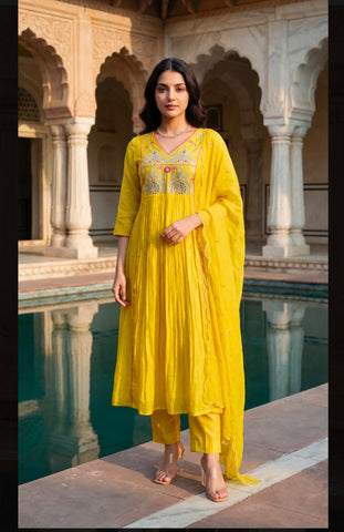 Yellow Embroidered Anarkali Suit Set