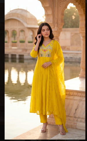 Yellow Embroidered Anarkali Suit Set