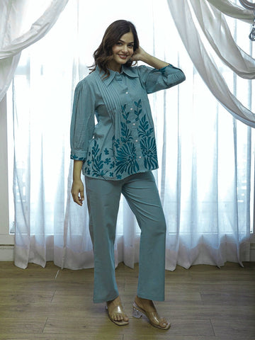 Elegant Pastel Blue Co-ord Set with Floral Print Shirt