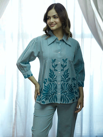 Elegant Pastel Blue Co-ord Set with Floral Print Shirt