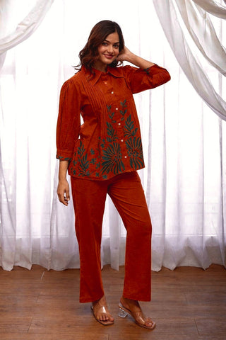 Rust Orange Co-ord Set with Floral Print Shirt
