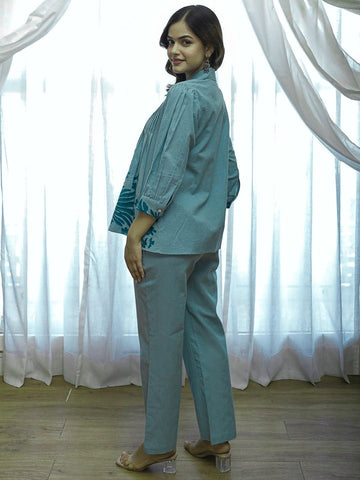 Elegant Pastel Blue Co-ord Set with Floral Print Shirt
