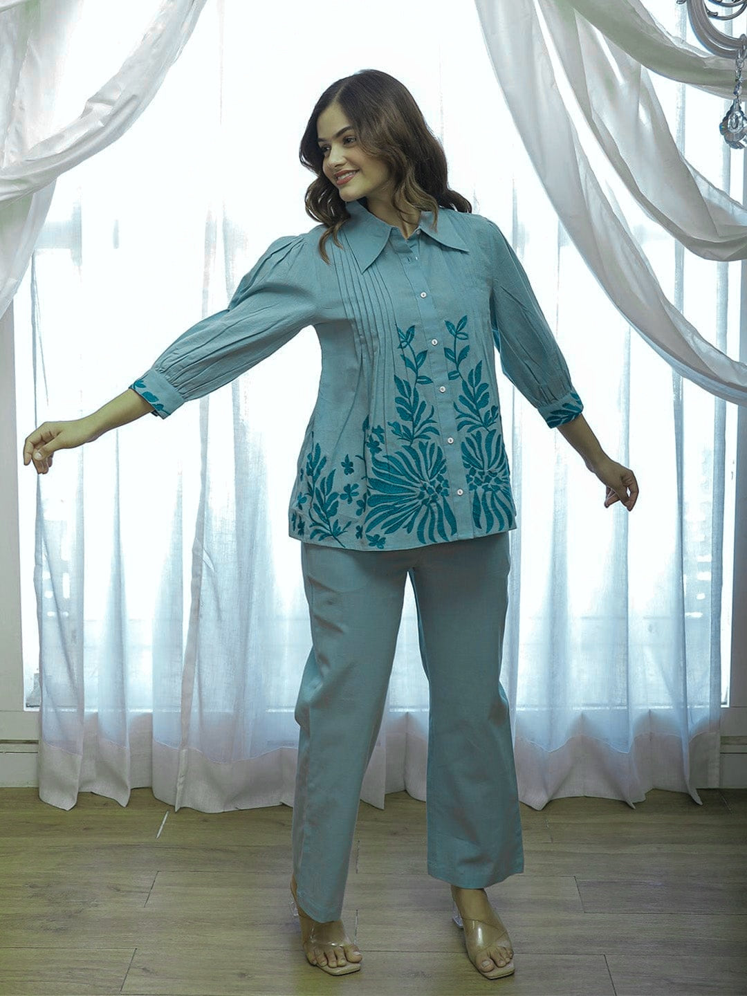 Elegant Pastel Blue Co-ord Set with Floral Print Shirt