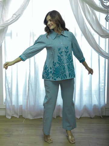 Elegant Pastel Blue Co-ord Set with Floral Print Shirt