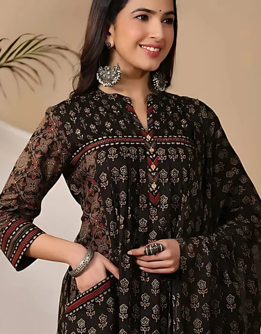 Classic Black Printed Kurta Set with Dupatta