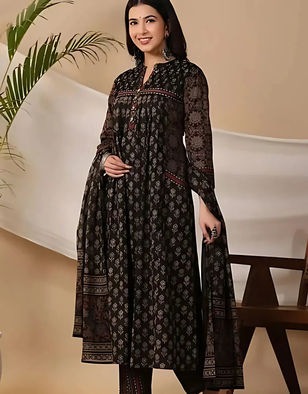 Classic Black Printed Kurta Set with Dupatta